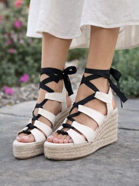 Castaner Espadrille Wedge Sandals with Black Ties - Women's Cream and black